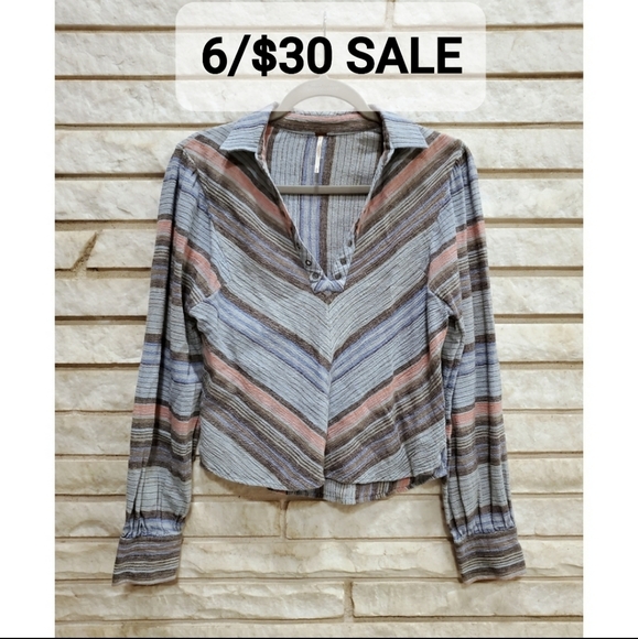 Free People Tops - Free People•Striped V Neck Long Sleeve Shirt